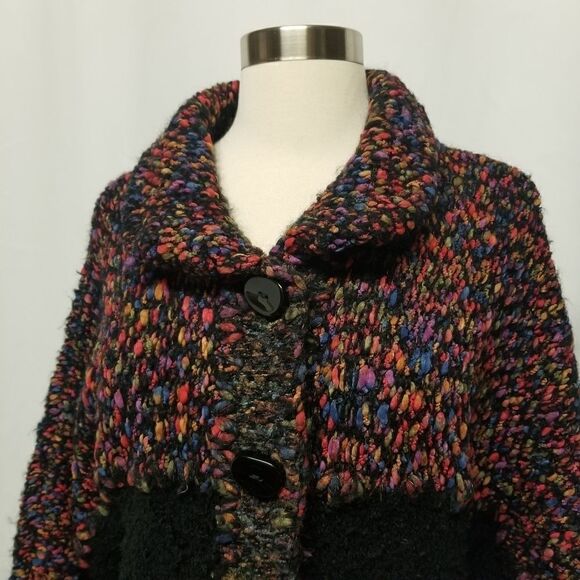 Vintage Curio Chunky Knit Wool Blend Mohair Black Rainbow Longline Cardigan Md - Picture 6 of 8